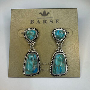 BARSE Sterling Silver Genuine Turquoise Statement Earrings Roped Edge Post Back